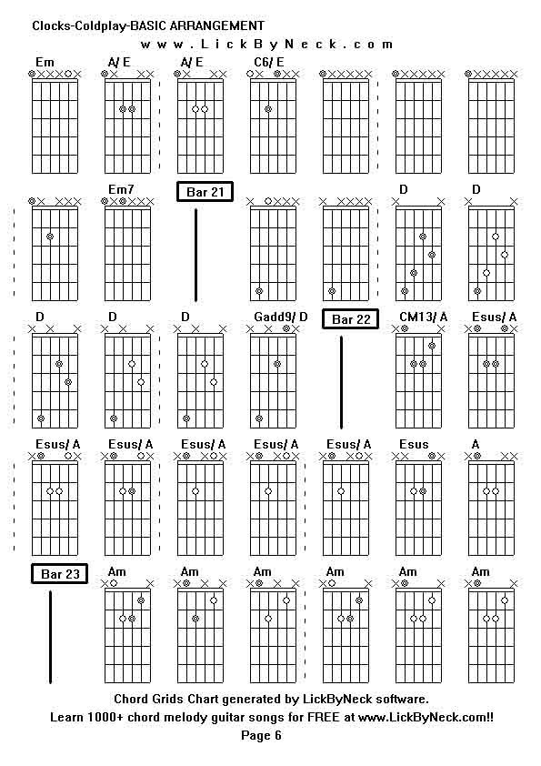 Chord Grids Chart of chord melody fingerstyle guitar song-Clocks-Coldplay-BASIC ARRANGEMENT,generated by LickByNeck software.